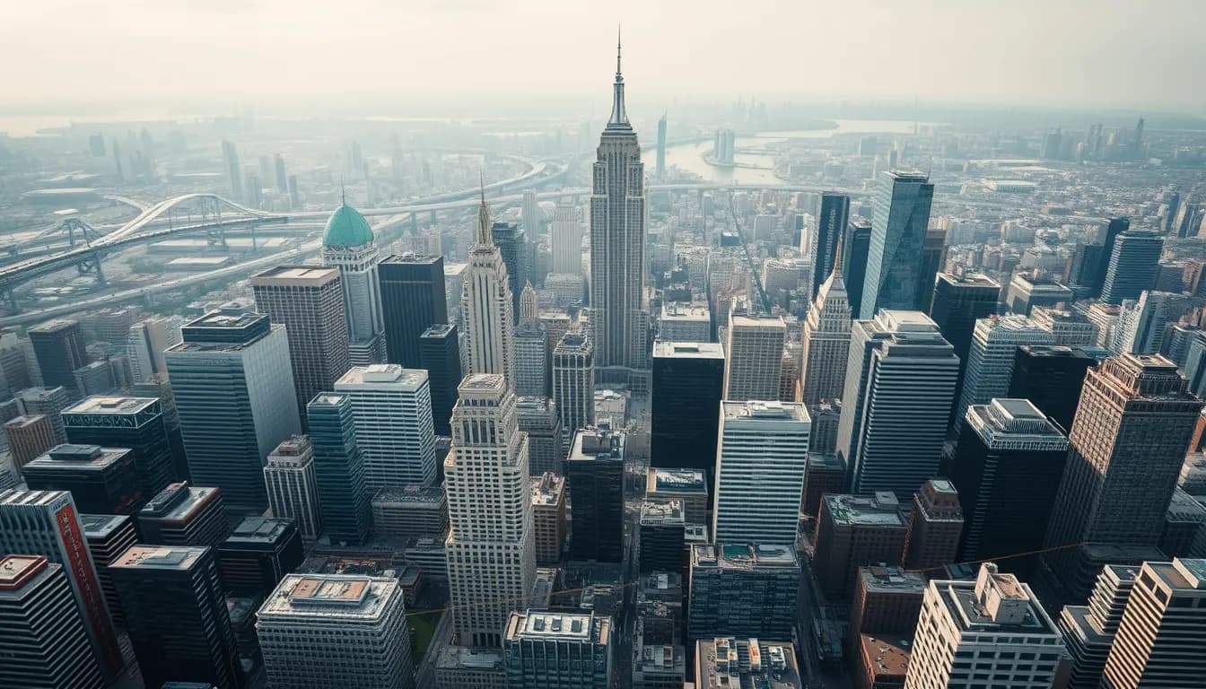 Aerial view of major financial district with data visualization